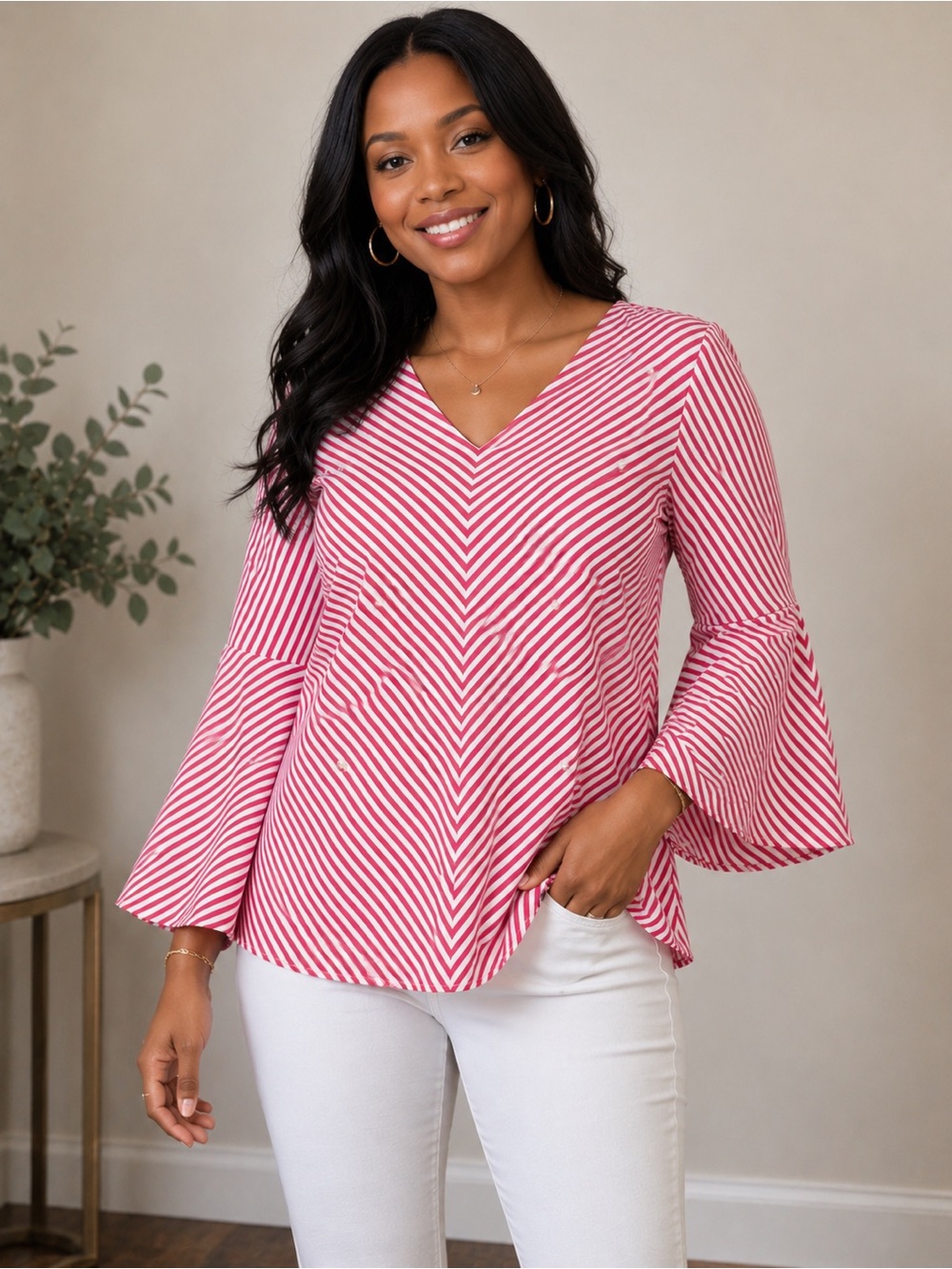 Striped Pink V-Neck Bell Sleeve Top Small Pearl accents , Bell sleeves